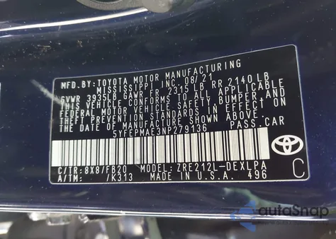 2022 Toyota Corolla Le из США, поврежденный, VIN 5YFEPMAE3NP279136